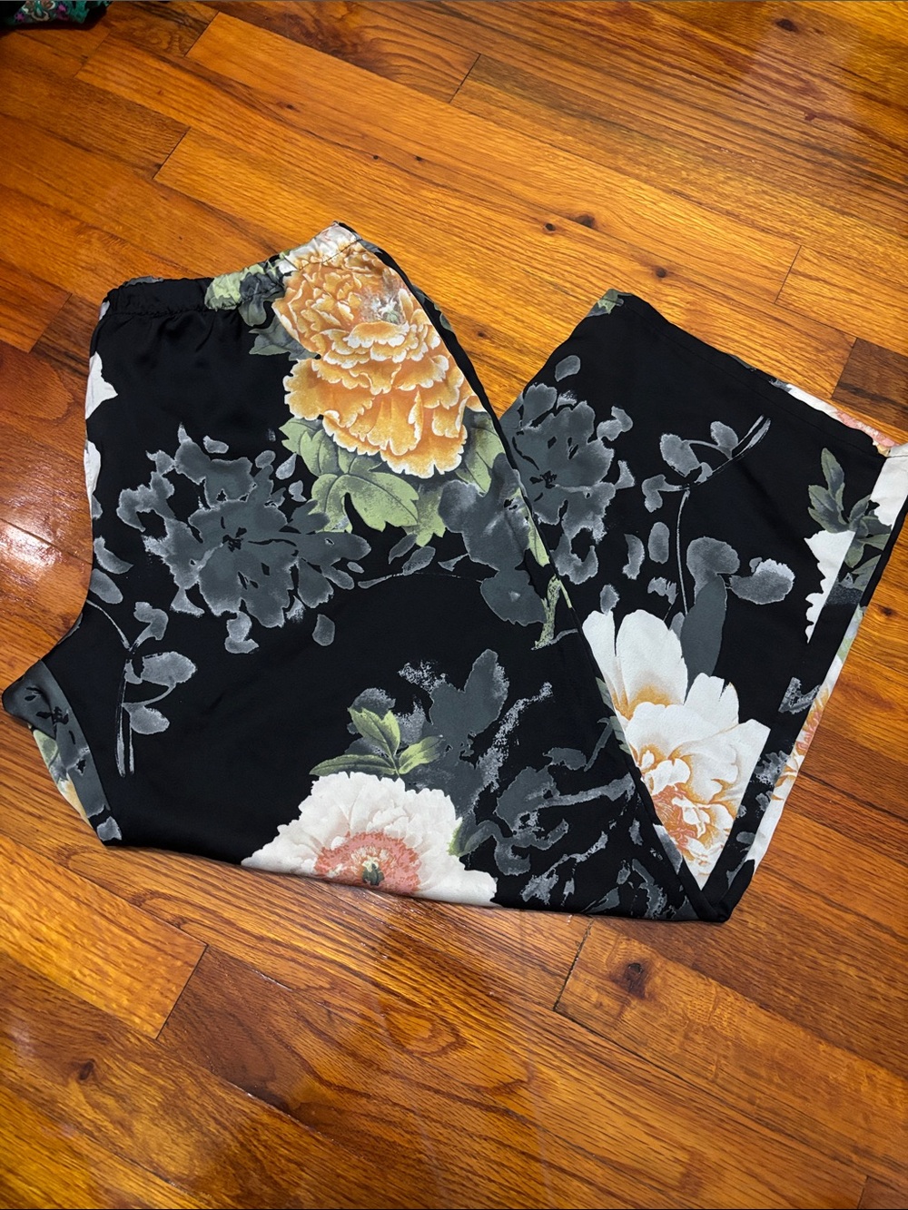Natori Satin Black Floral Print Pants with Gold-Orange Blooms